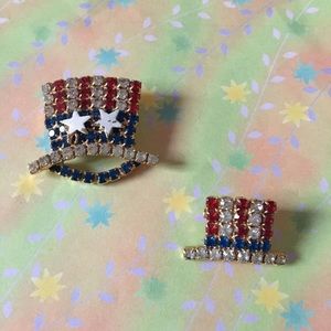 Uncle Sam top hat rhinestone brooch set